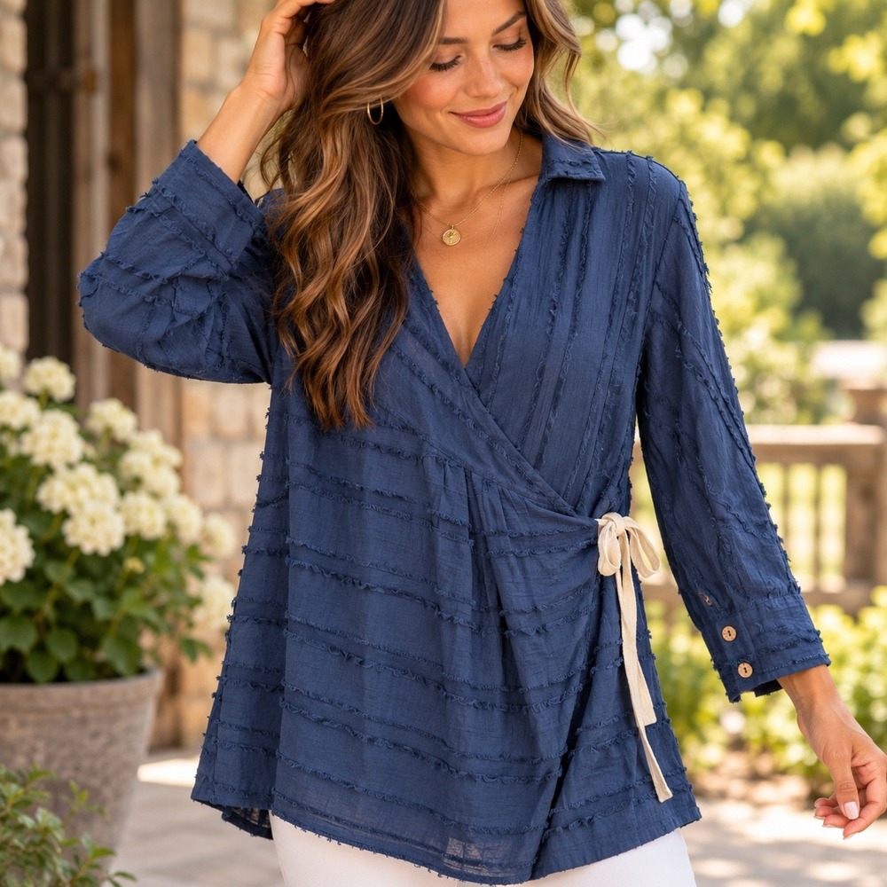 Free People Free-Est Poseidon Blue Textured Wrap Top Small Fringe Cotton Gauze